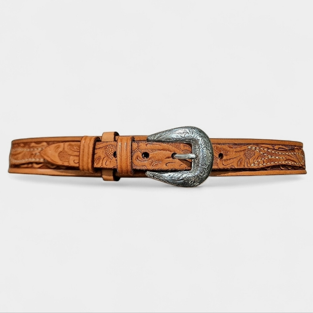 Vintage Looper Tooled Leather Western Belt Brown Engraved Buckle Size 34 Unisex.